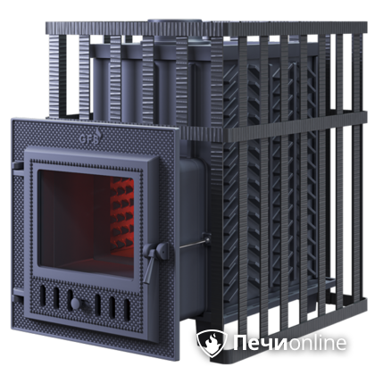 Дровяная банная печь Гефест ЗК в сетке-18 (М) чугунная дверца со стеклом, запатентованная каменка сетка в Вологде